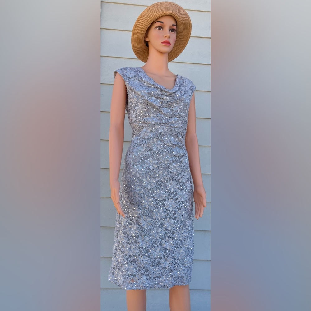 Connected Apparel Silver Cowl Neck Sheath Dress